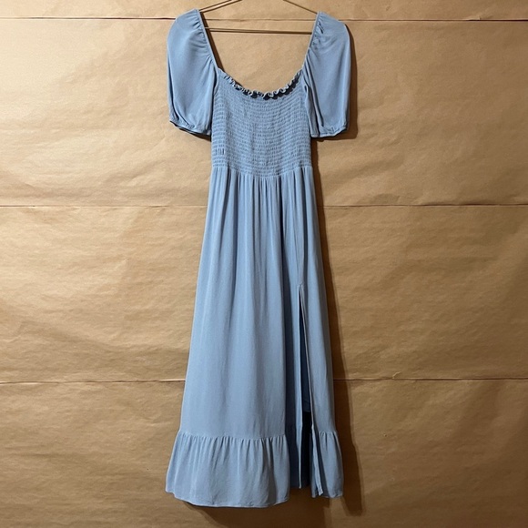 ReformationMeadow Dress Smocked Puff Sleeve Midi Dress Mineral Blue Size S